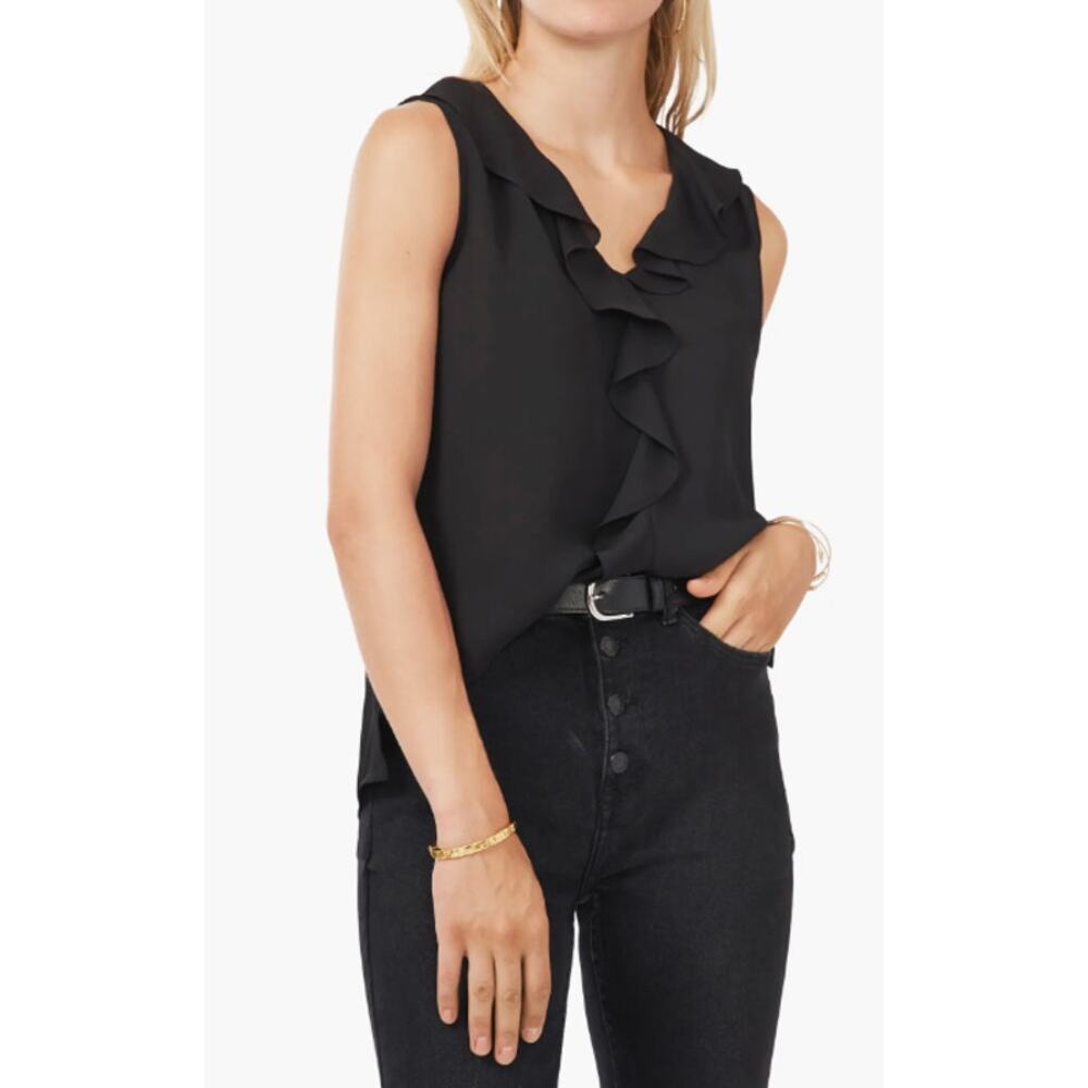 Vince Camuto Womens Ruffle Neck Sleeveless Georgette Blouse Top Black Small New